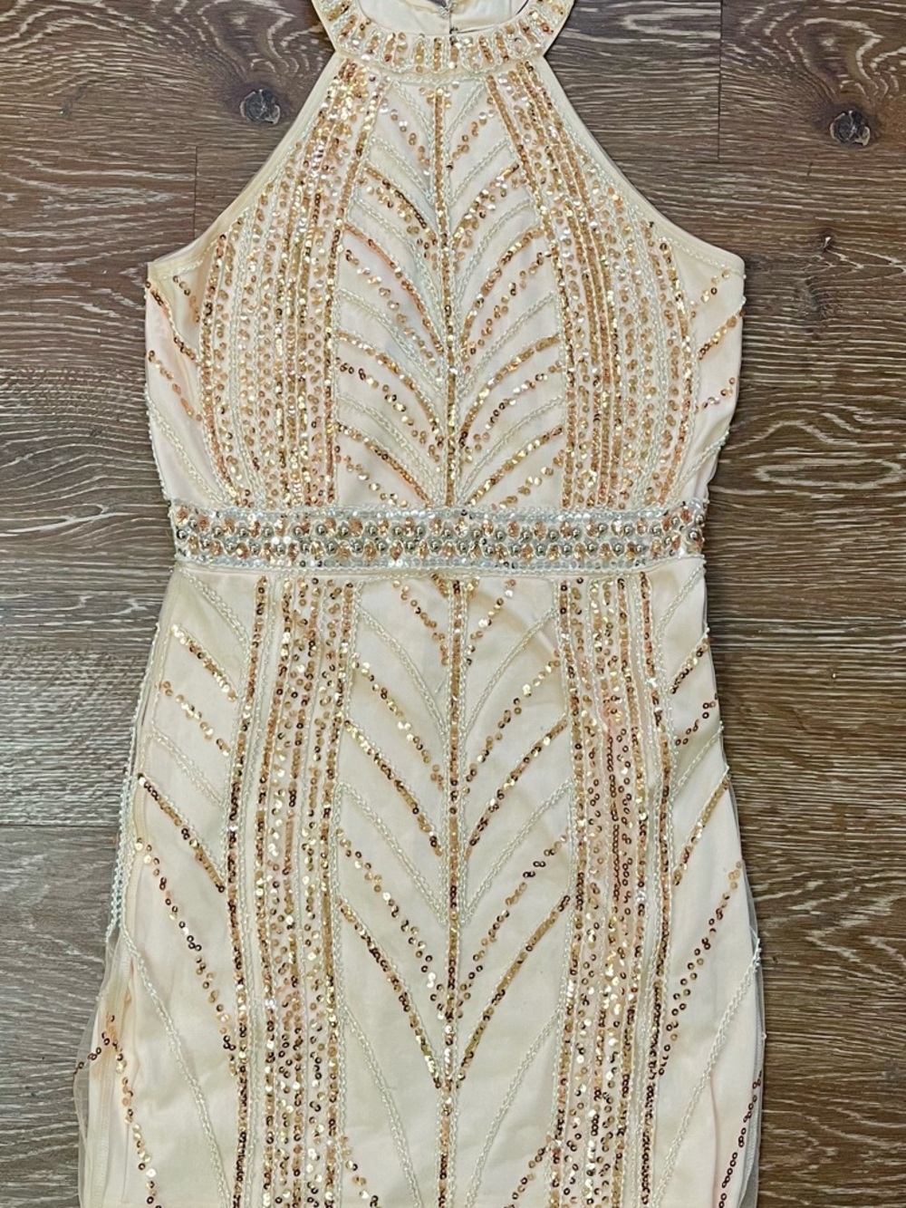 Windsor Size L Sequin Beaded Cocktail Dress with Chiffon Overlay Sleeveless